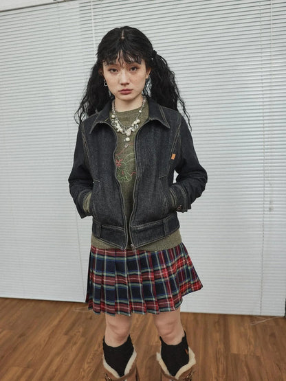 Black Denim Cropped Jacket With Soft Fleece Lining