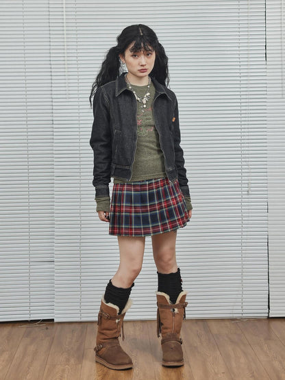 Achihara Black Denim Cropped Jacket With Soft Fleece Lining