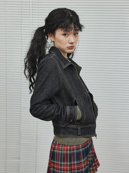 Achihara Black Denim Cropped Jacket With Soft Fleece Lining