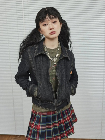 Black Denim Cropped Jacket With Soft Fleece Lining