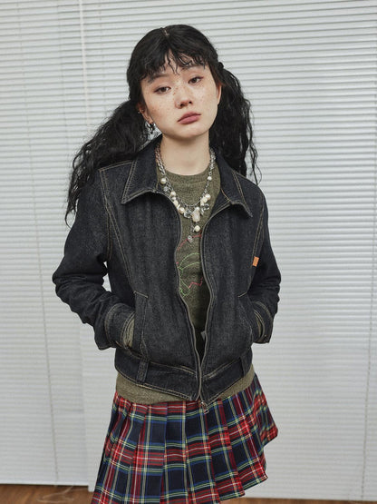 Achihara Black Denim Cropped Jacket With Soft Fleece Lining