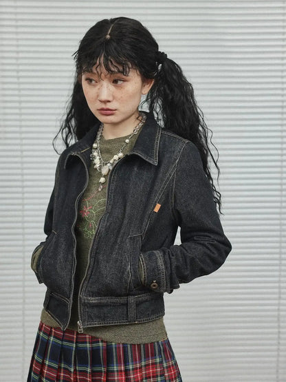 Black Denim Cropped Jacket With Soft Fleece Lining