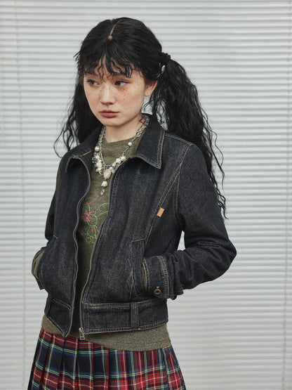 Achihara Black Denim Cropped Jacket With Soft Fleece Lining