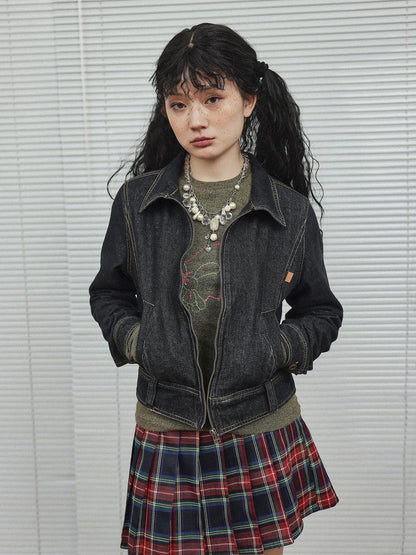 Achihara Black Denim Cropped Jacket With Soft Fleece Lining