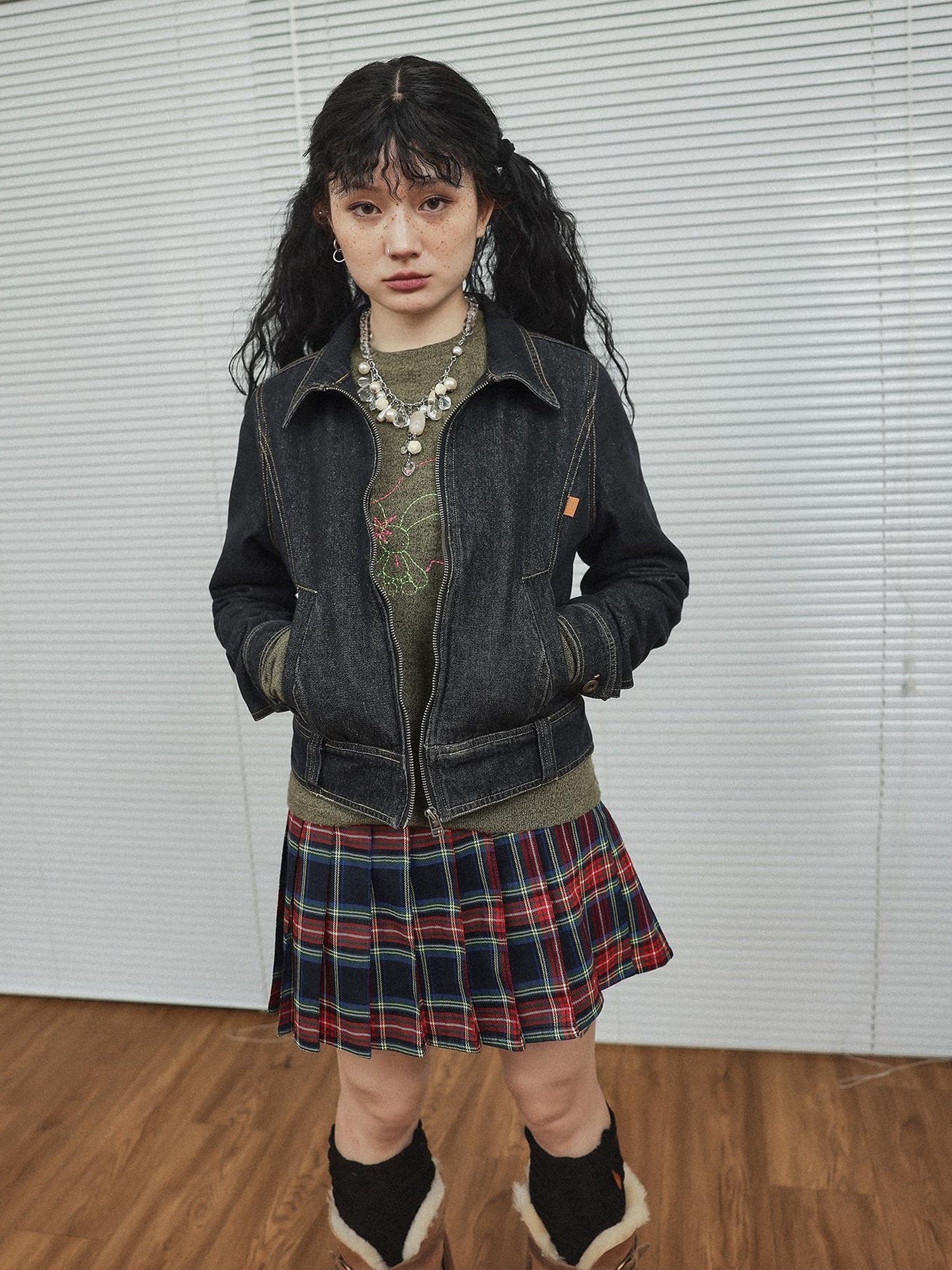 Achihara Black Denim Cropped Jacket With Soft Fleece Lining