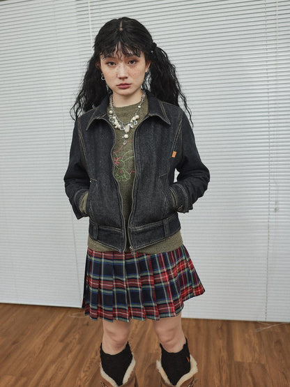 Achihara Black Denim Cropped Jacket With Soft Fleece Lining