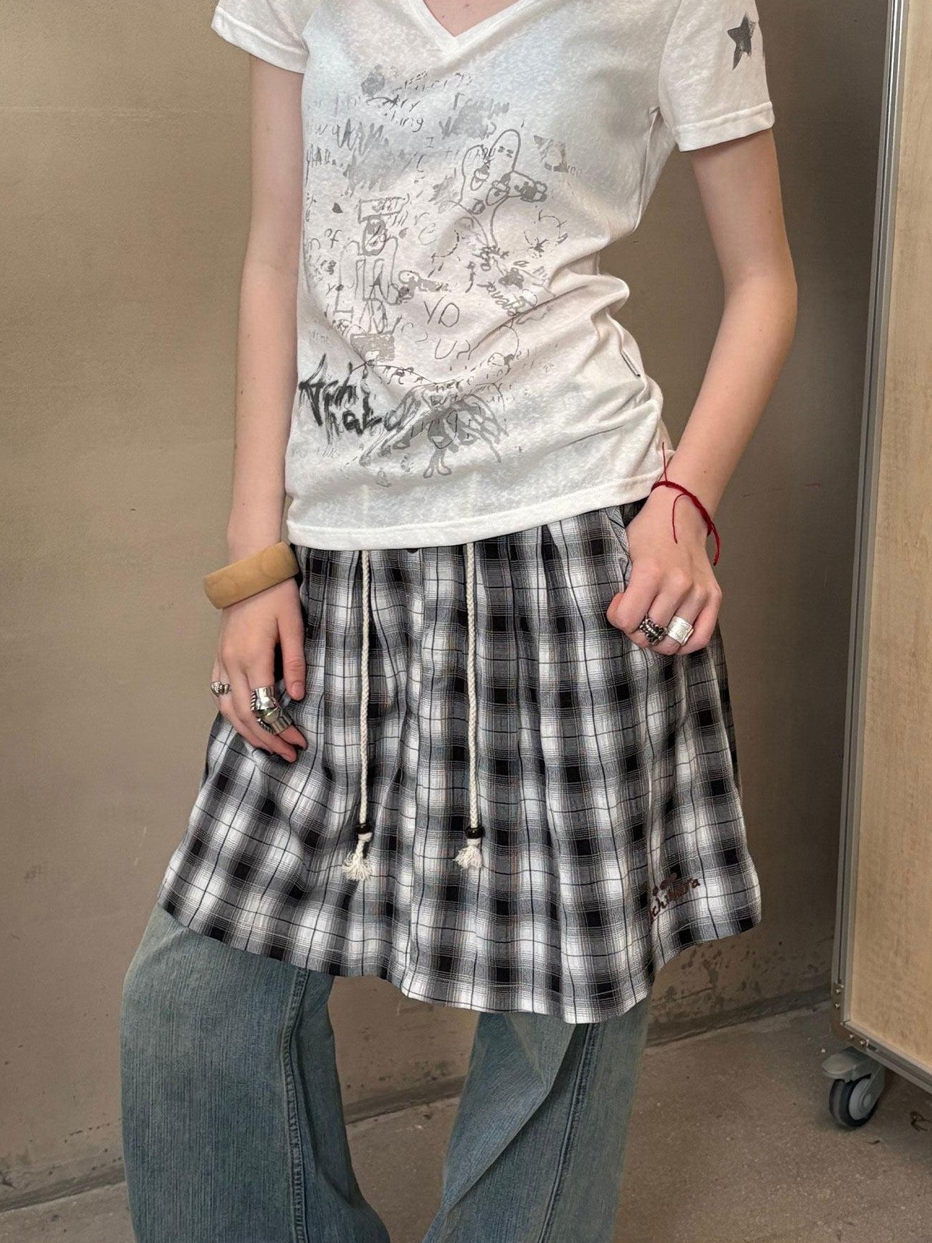 Achihara Black White Check Embroidered A Line Women&