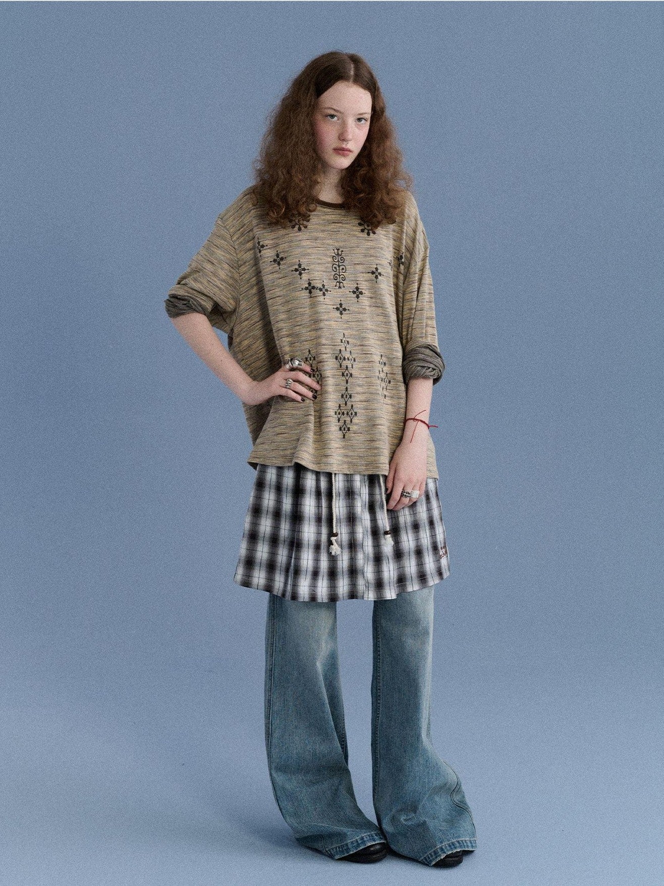 Achihara Black White Check Embroidered A Line Women&