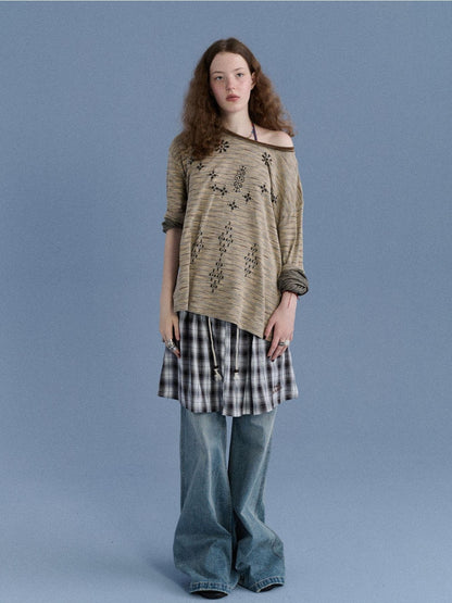 Achihara Black White Check Embroidered A Line Women&