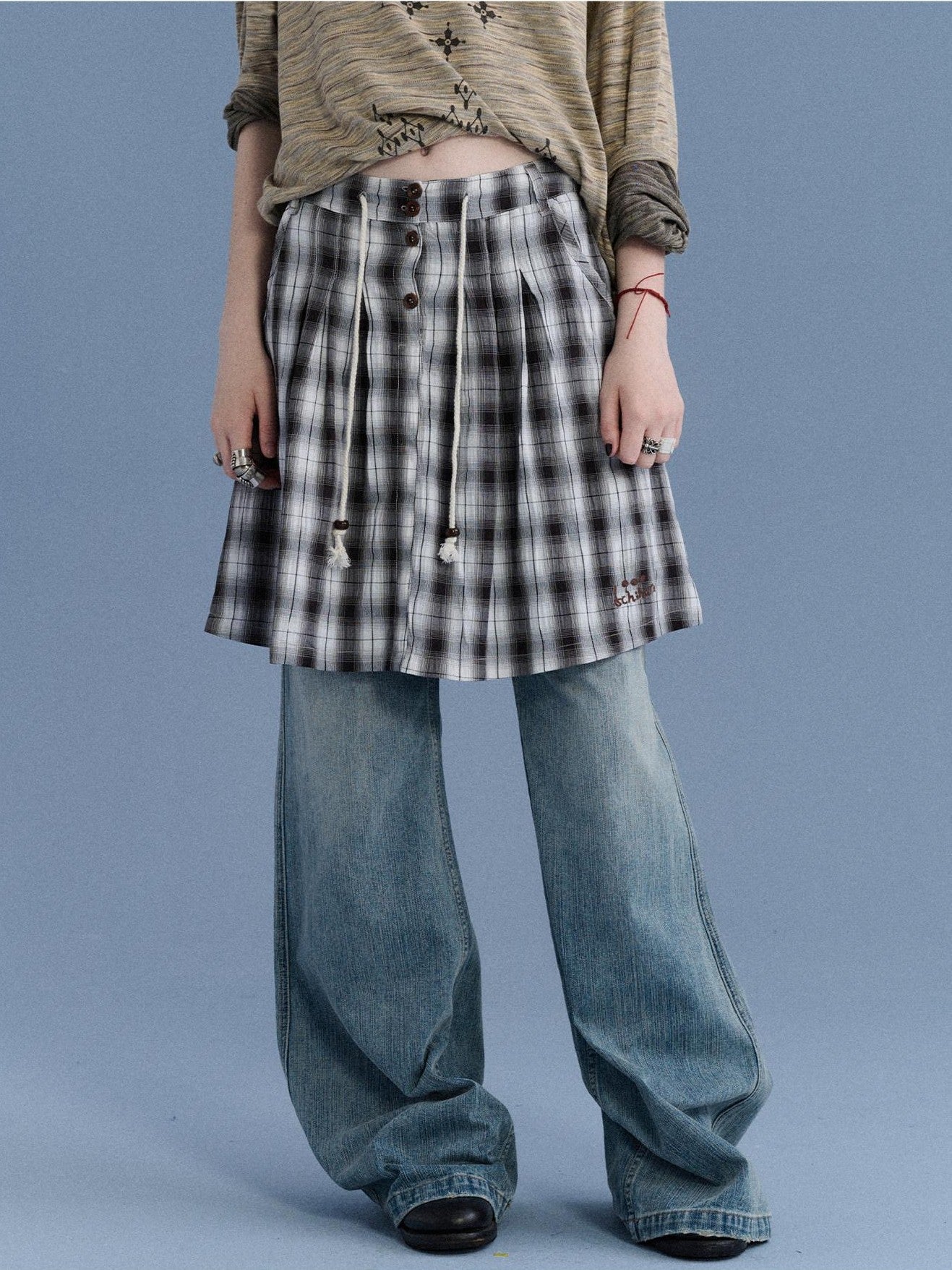 Achihara Black White Check Embroidered A Line Women&