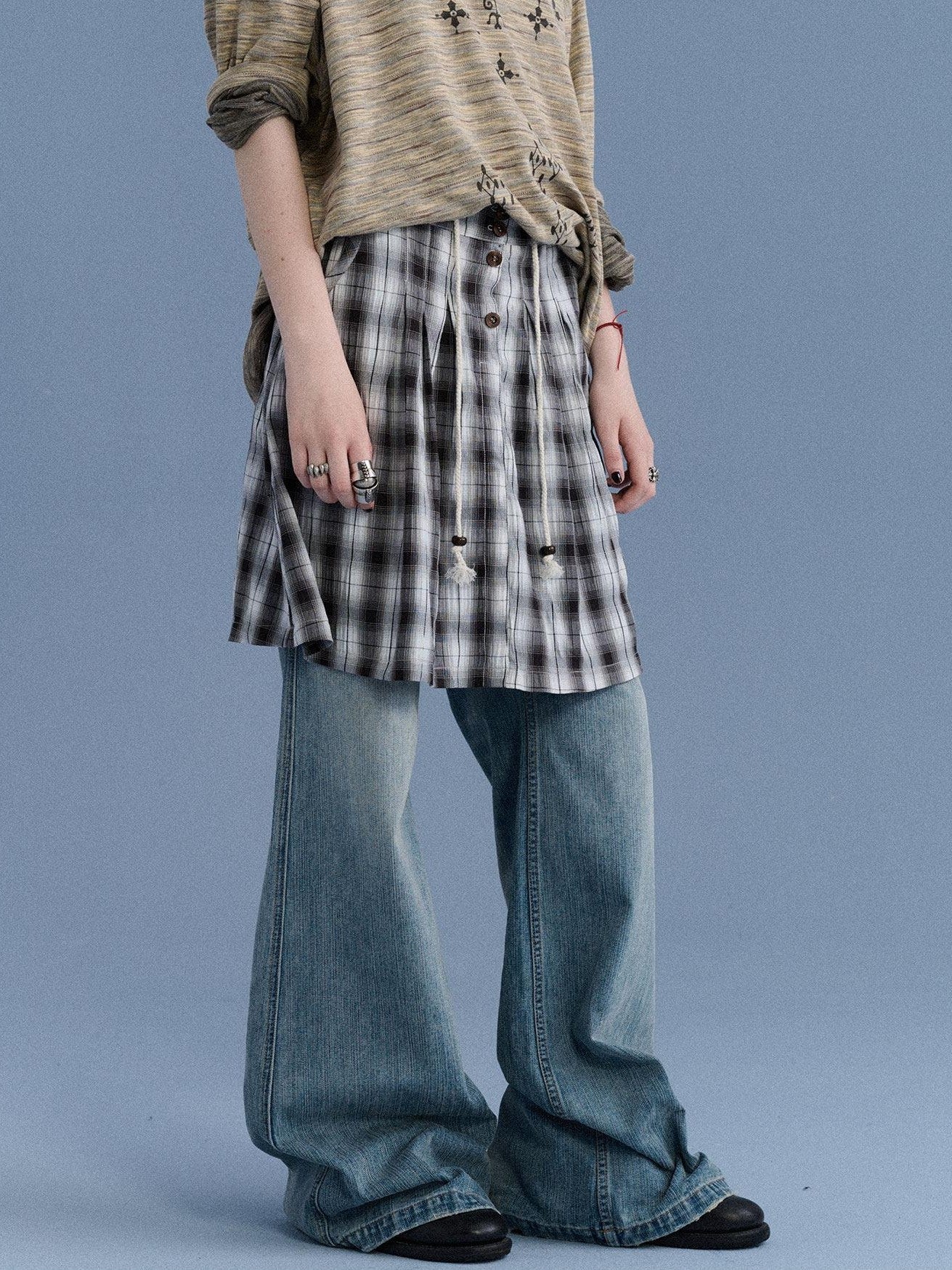 Achihara Black White Check Embroidered A Line Women&