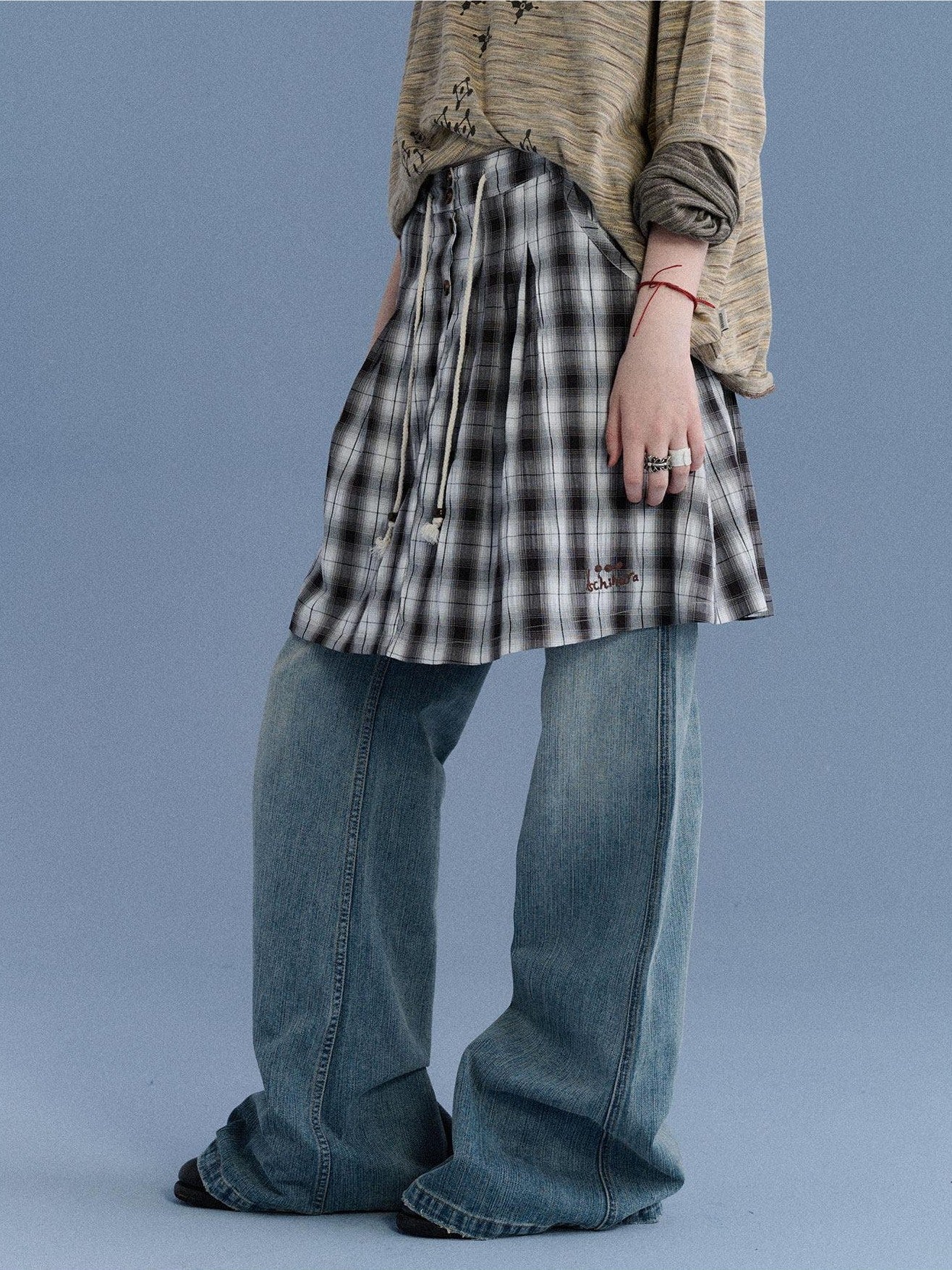 Achihara Black White Check Embroidered A Line Women&
