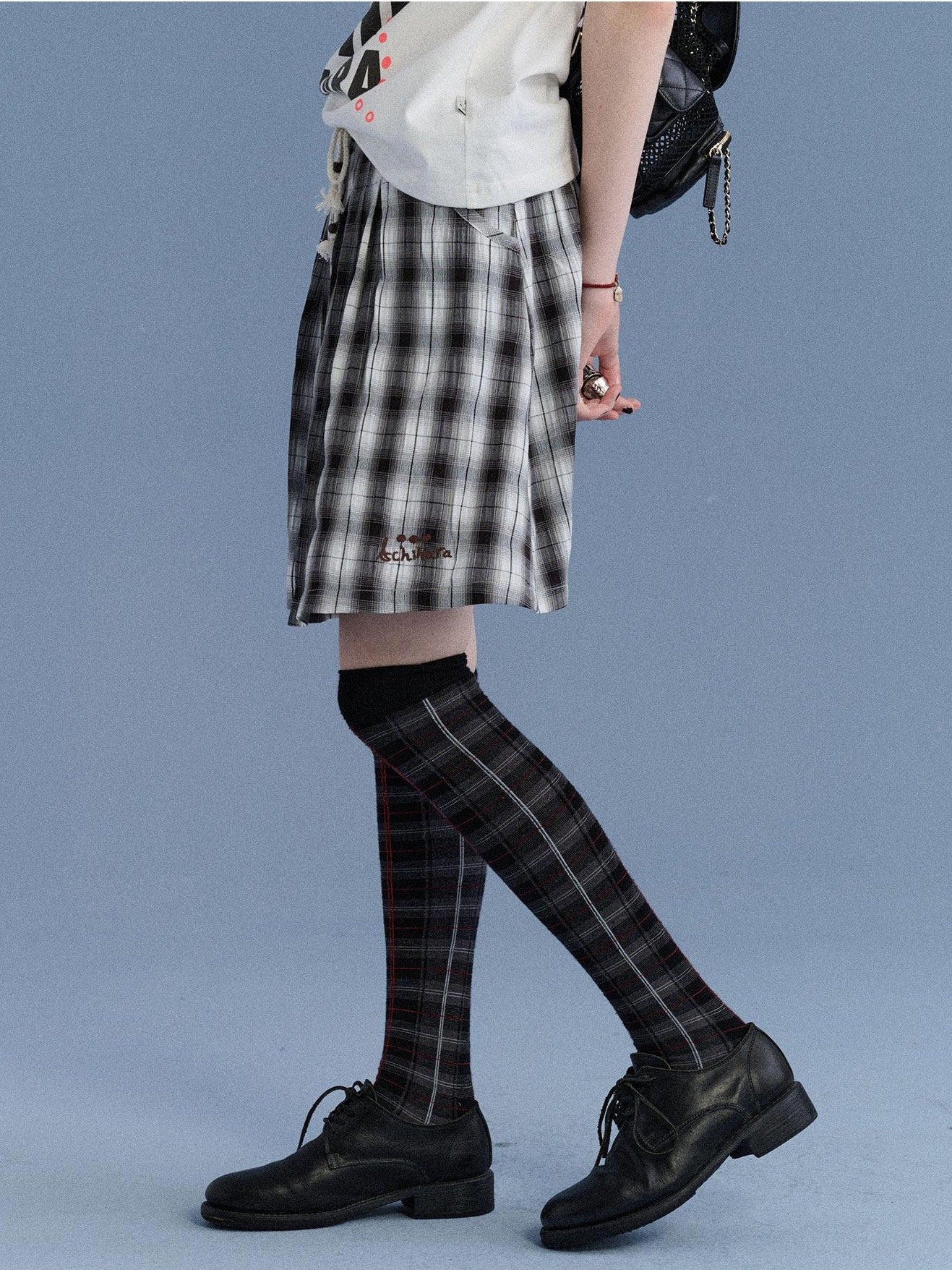 Achihara Black White Check Embroidered A Line Women&