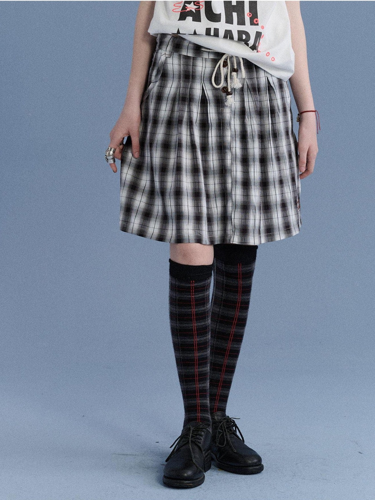 Achihara Black White Check Embroidered A Line Women&
