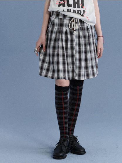 Achihara Black White Check Embroidered A Line Women&