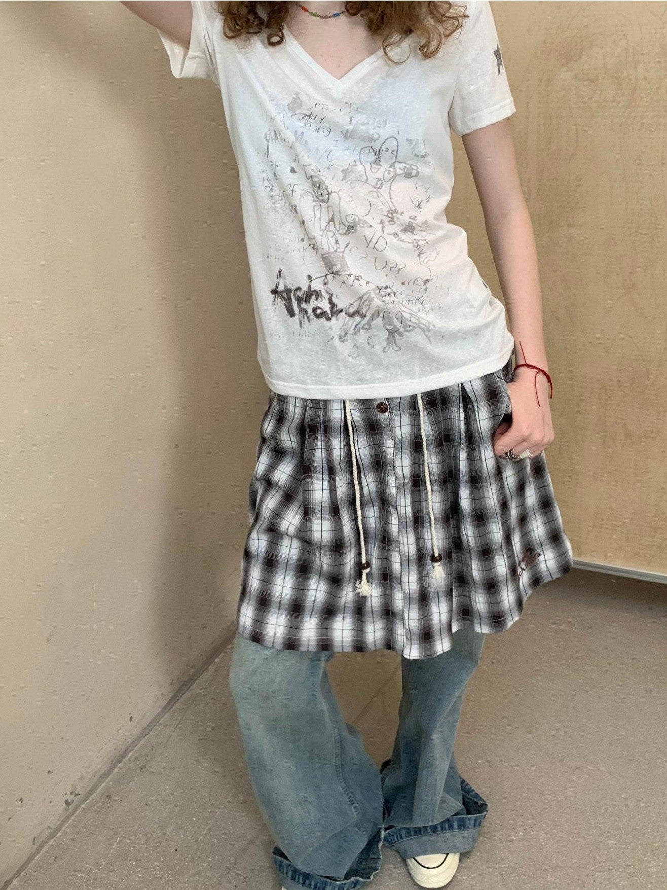 Achihara Black White Check Embroidered A Line Women&