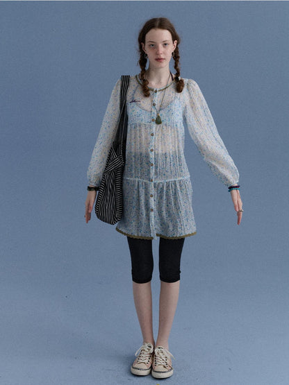 Achihara Blue Floral Lettuce Edge Ruched Women&