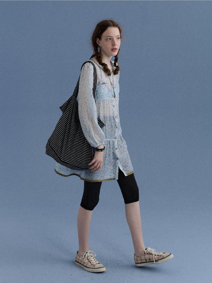 Achihara Blue Floral Lettuce Edge Ruched Women&