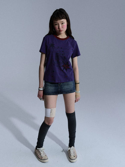 Achihara Blue Red Striped Washed Star Print Crewneck Women&