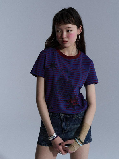 Achihara Blue Red Striped Washed Star Print Crewneck Women&