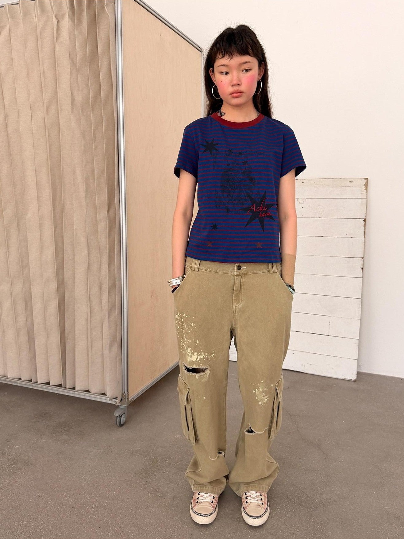 Achihara Blue Red Striped Washed Star Print Crewneck Women&