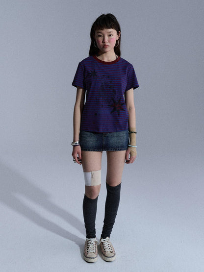Achihara Blue Red Striped Washed Star Print Crewneck Women&