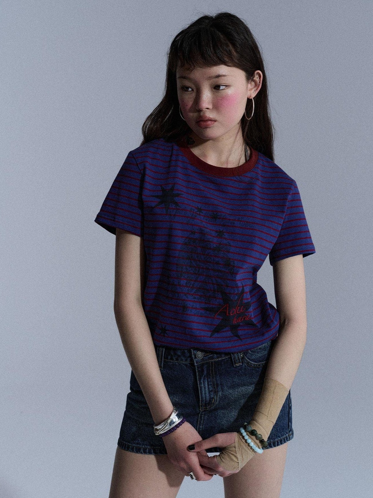 Achihara Blue Red Striped Washed Star Print Crewneck Women&