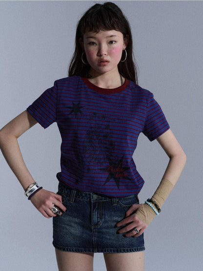 Achihara Blue Red Striped Washed Star Print Crewneck Women&