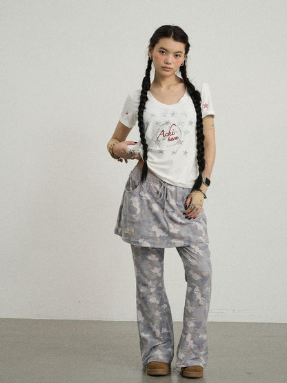 Achihara Blueberry Ice Camouflage Flare Palazzo Pants