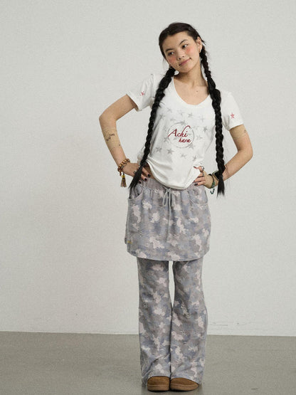 Achihara Blueberry Ice Camouflage Flare Palazzo Pants
