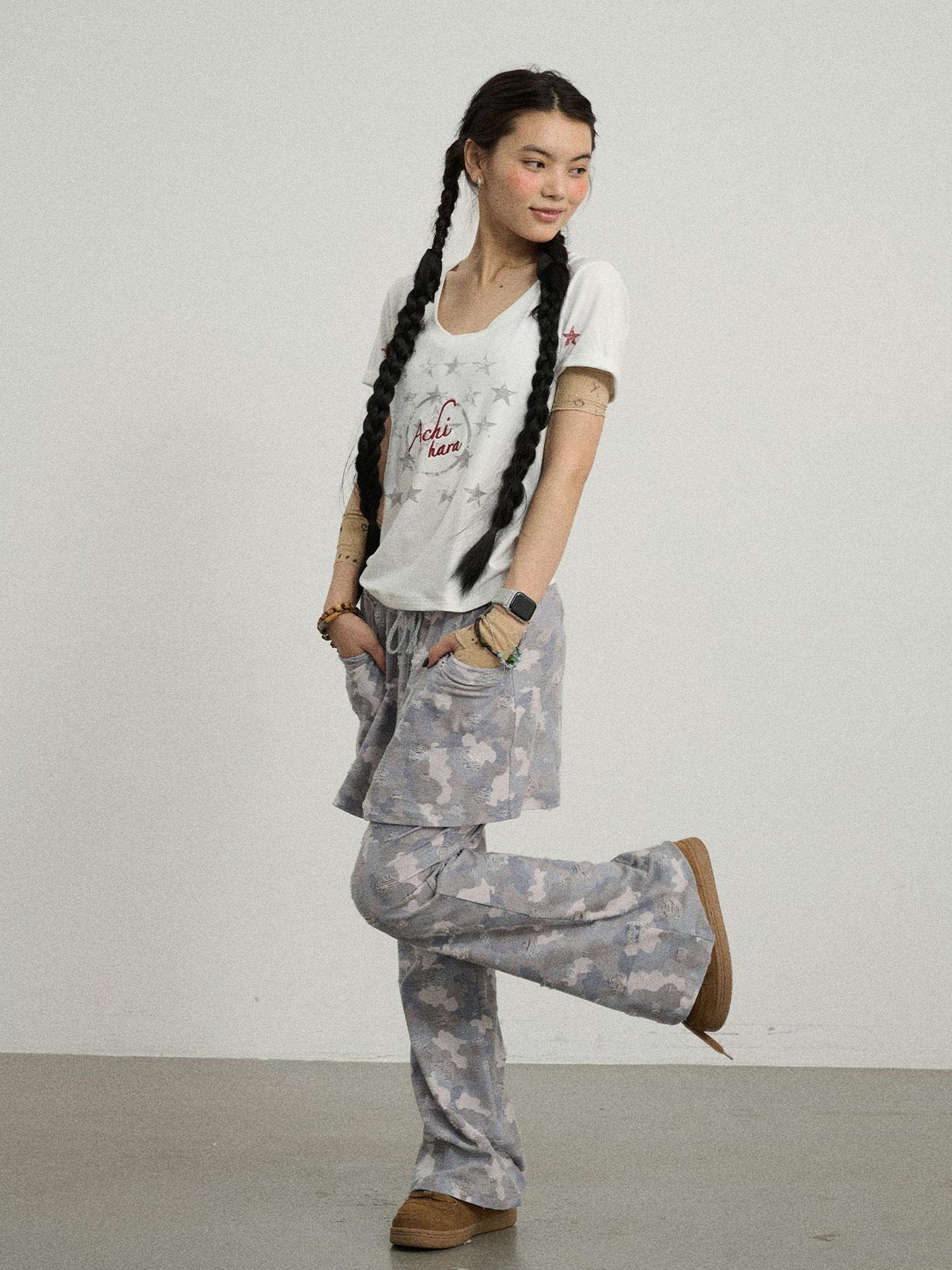 Achihara Blueberry Ice Camouflage Flare Palazzo Pants