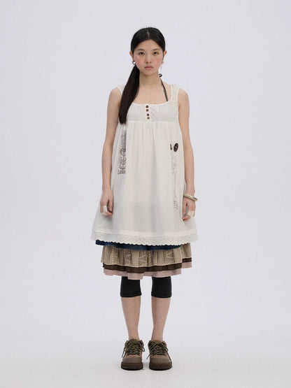 Achihara Breathable Cotton A Line Loose Fit Strappy Women City Commute Slip Midi Dresses-1