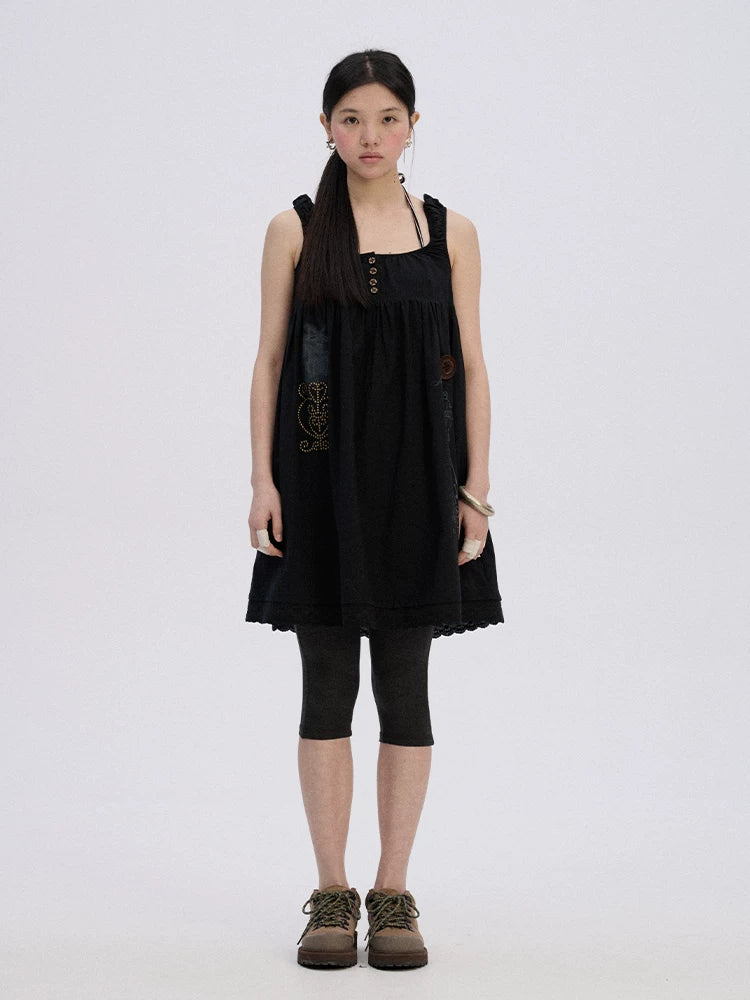 Achihara Breathable Cotton A Line Loose Fit Strappy Women City Commute Slip Midi Dresses-5