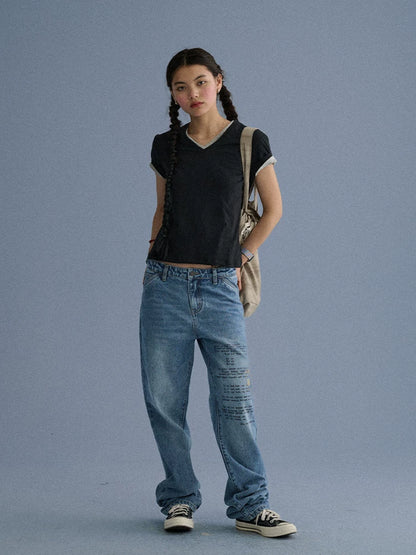 Achihara Breathable Cotton Blend V-neck Straight Fit Women Short Sleeve T-Shirts-1