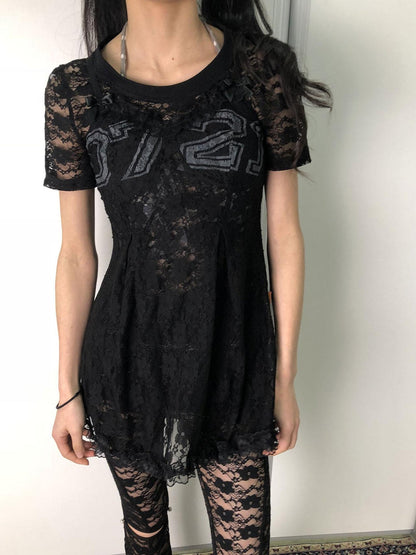 Achihara Breton Camellia Lace Slip Dress V Neck T Shirt Long Sleeve