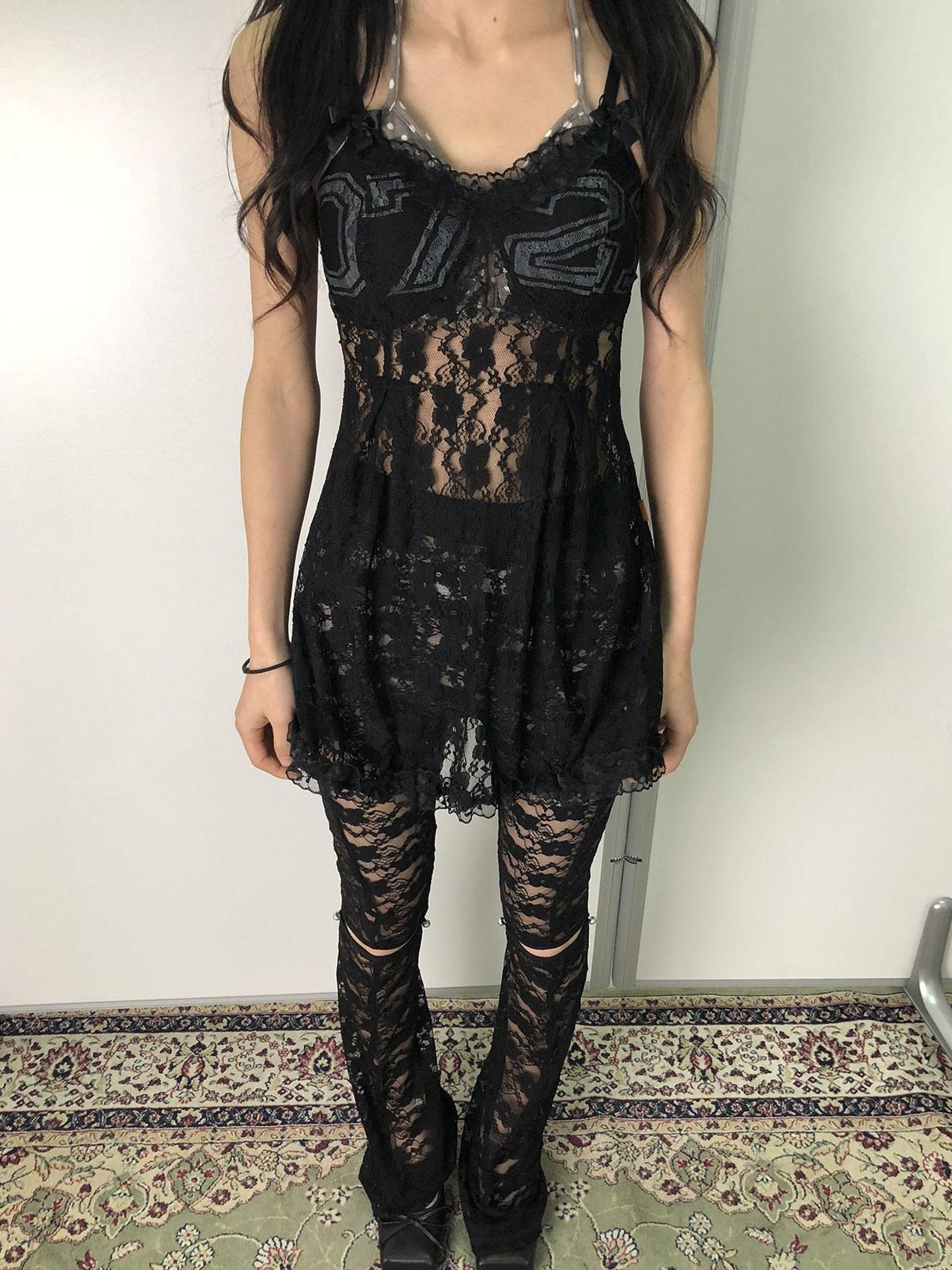 Achihara Breton Camellia Lace Slip Dress V Neck T Shirt Long Sleeve