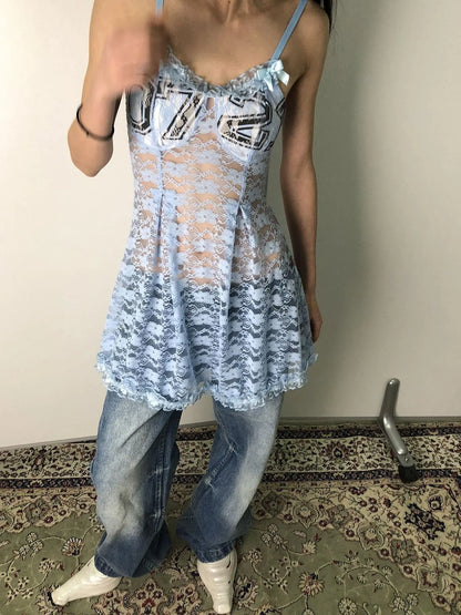 Breton Camellia Lace Slip Dress V Neck T Shirt Long Sleeve