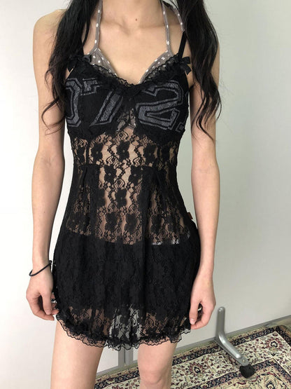 Achihara Breton Camellia Lace Slip Dress V Neck T Shirt Long Sleeve