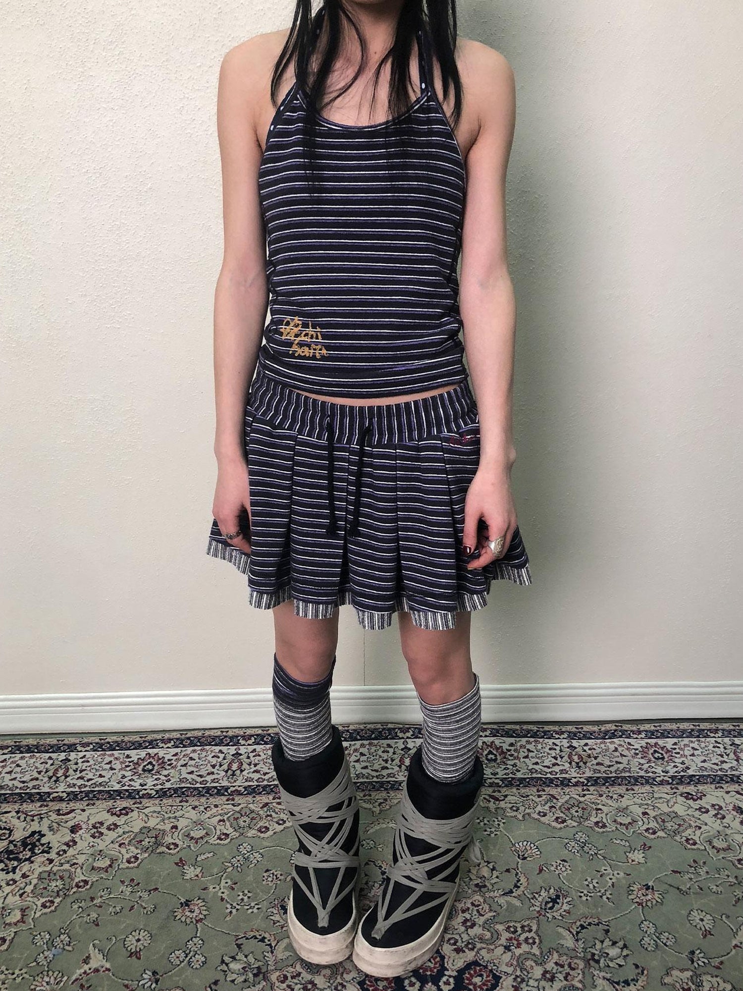 Achihara Breton Star Spot Pleated Mini Skirt Stretch Knit A Line