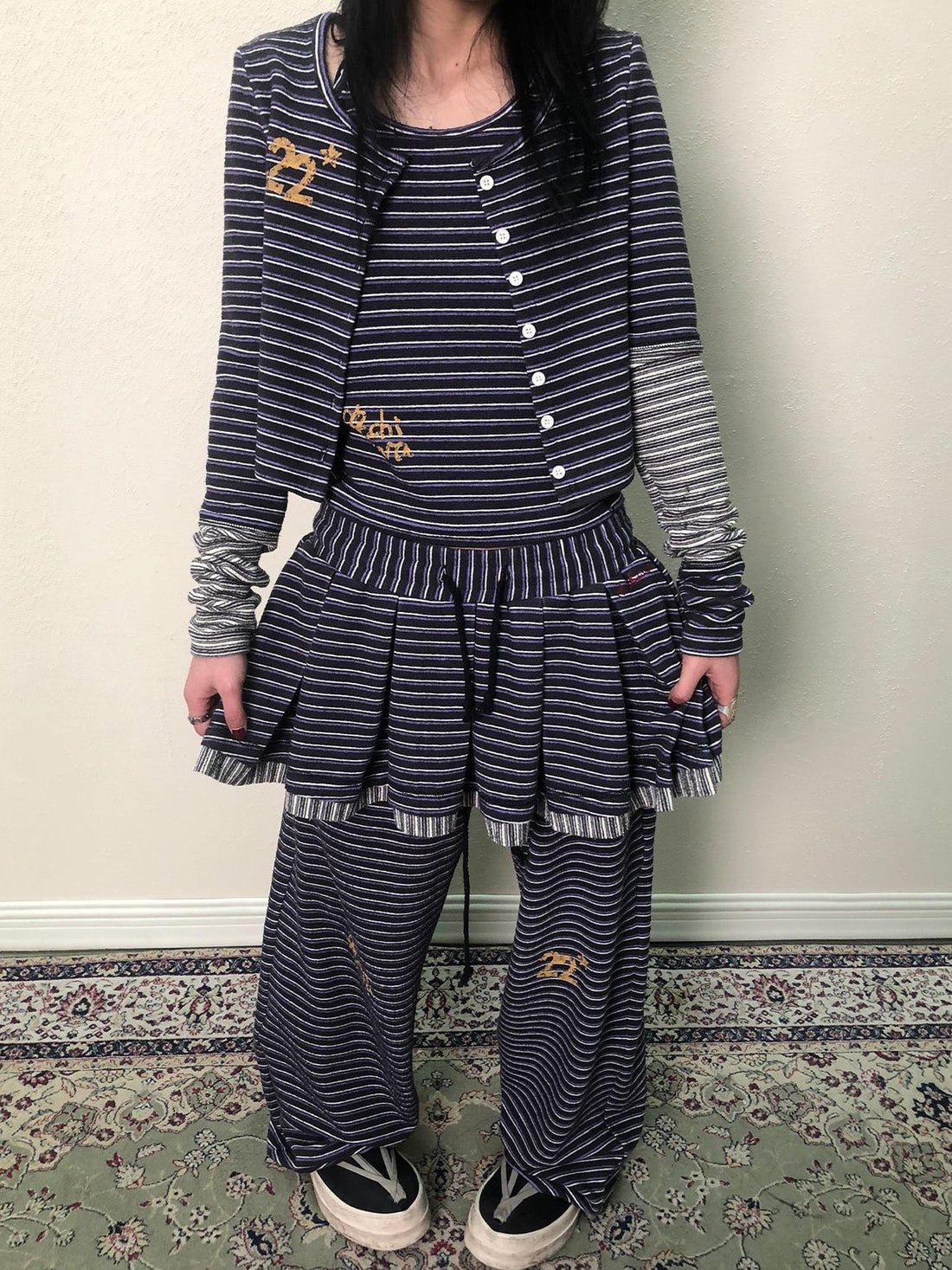 Achihara Breton Star Spot Pleated Mini Skirt Stretch Knit A Line