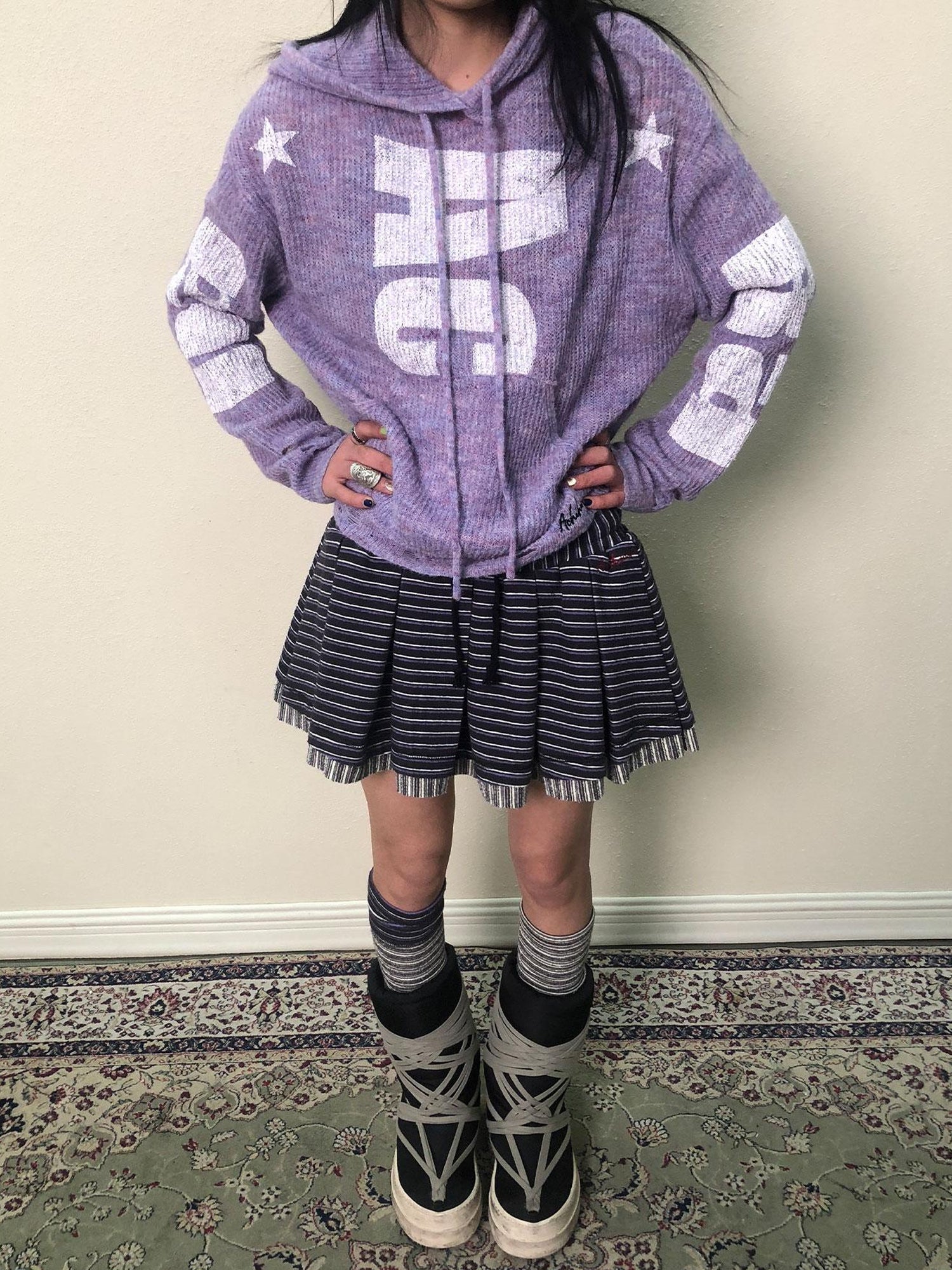 Achihara Breton Star Spot Pleated Mini Skirt Stretch Knit A Line