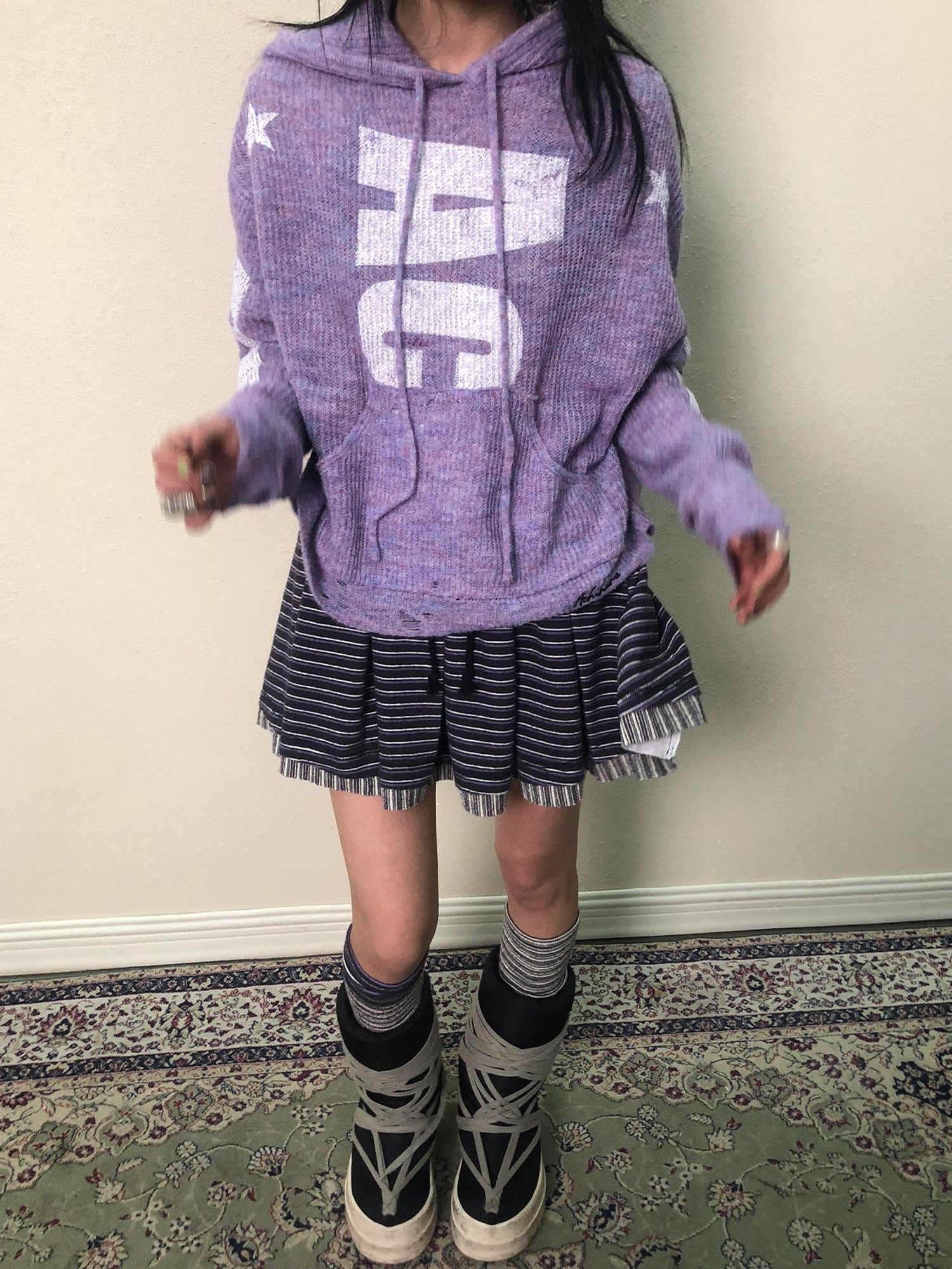 Achihara Breton Star Spot Pleated Mini Skirt Stretch Knit A Line