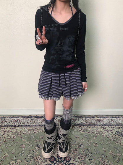 Achihara Breton Star Spot Pleated Mini Skirt Stretch Knit A Line