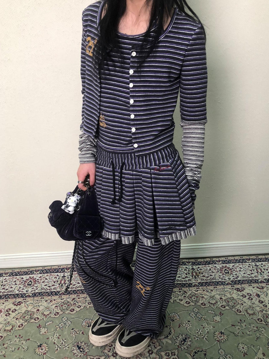 Achihara Breton Star Spot Pleated Mini Skirt Stretch Knit A Line