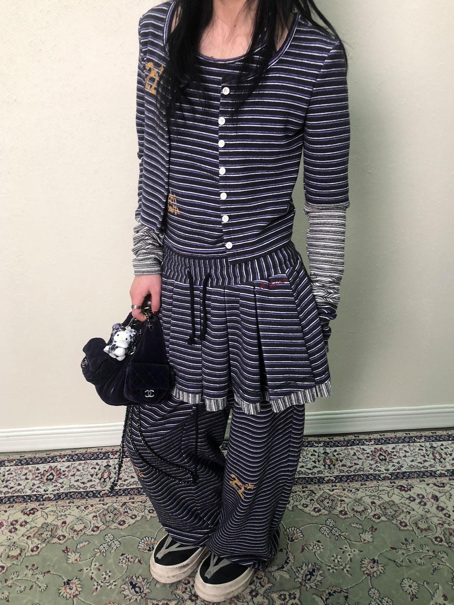 Achihara Breton Star Spot Pleated Mini Skirt Stretch Knit A Line