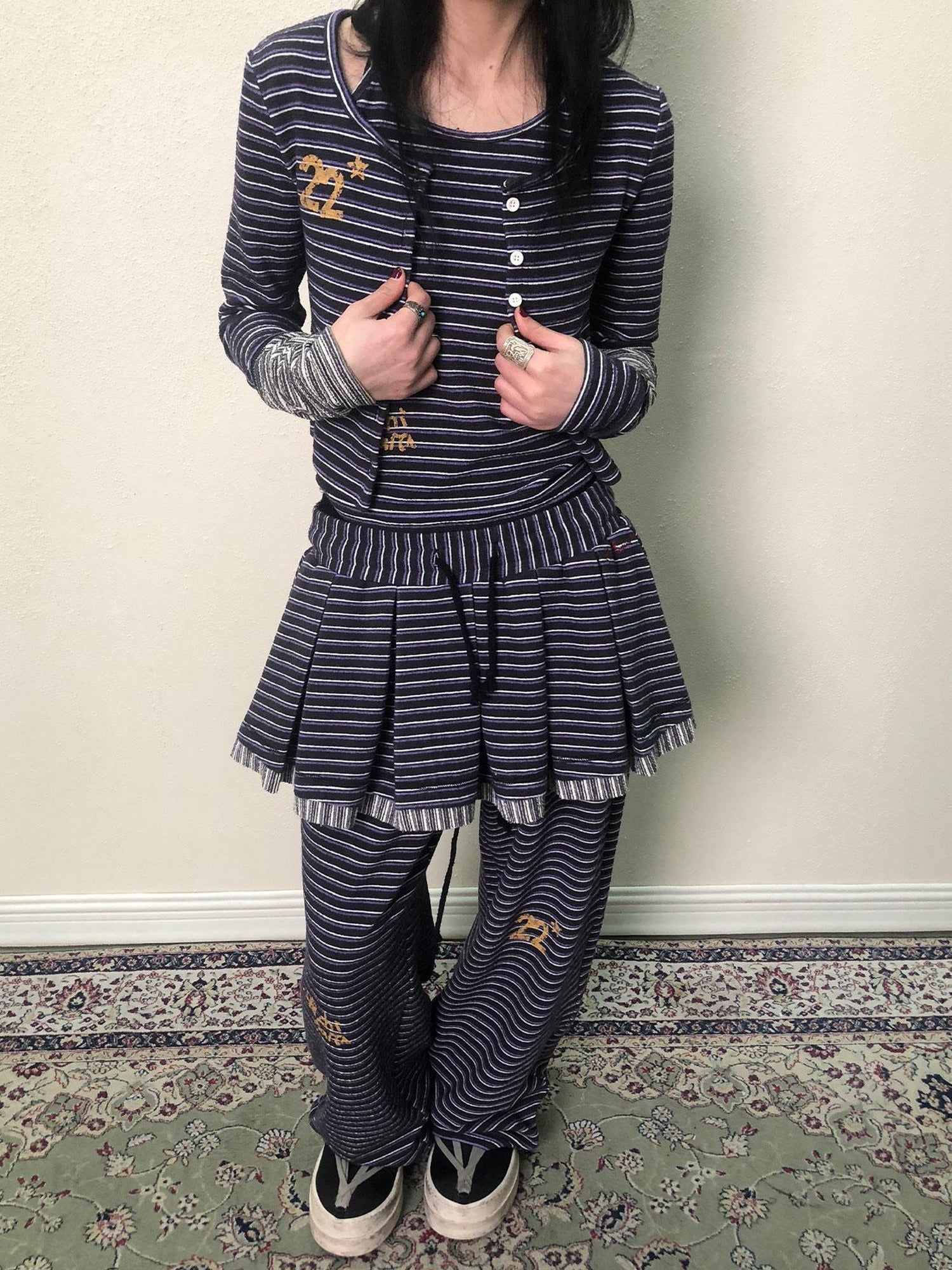 Achihara Breton Star Spot Pleated Mini Skirt Stretch Knit A Line