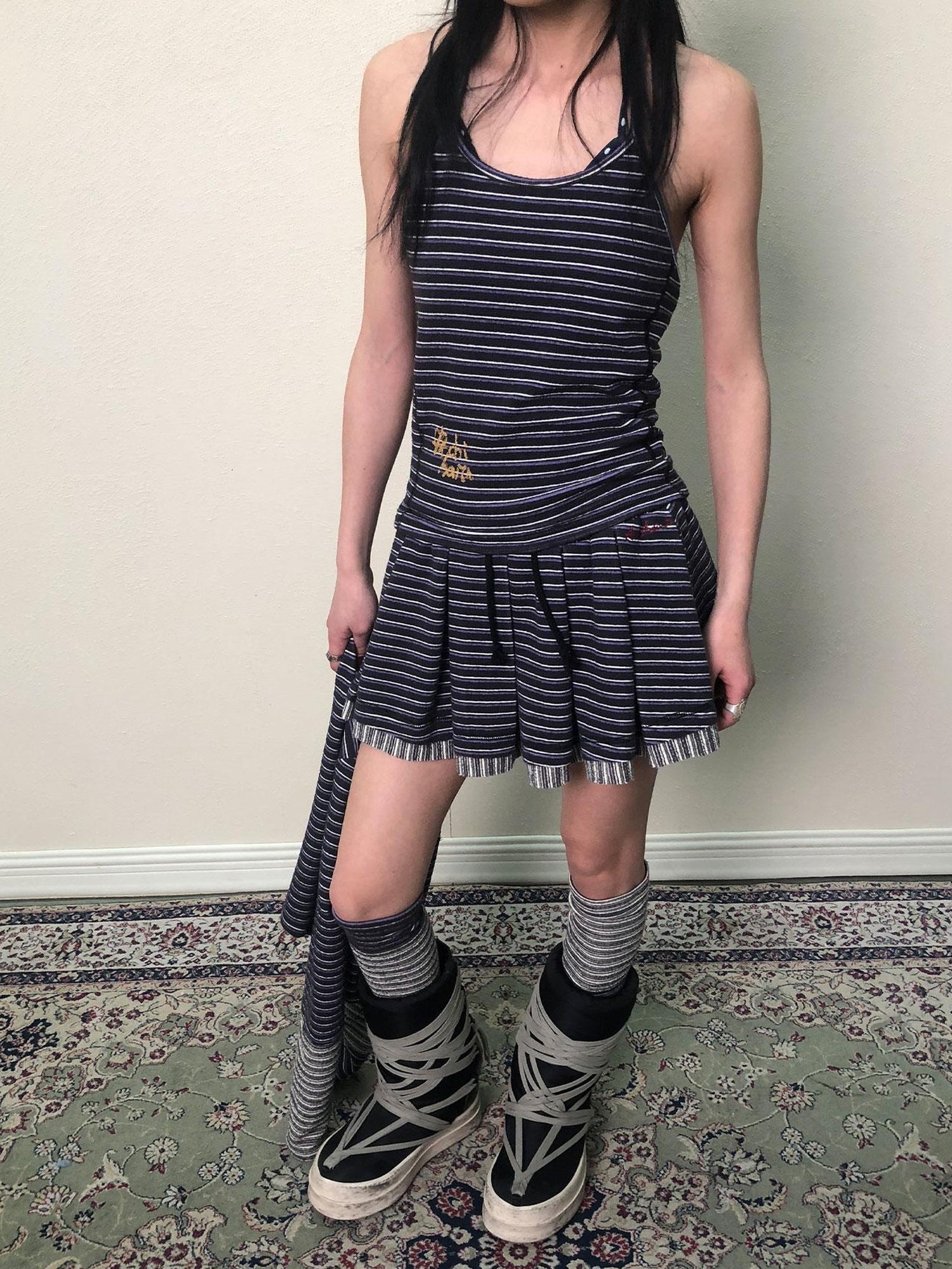 Achihara Breton Star Spot Pleated Mini Skirt Stretch Knit A Line