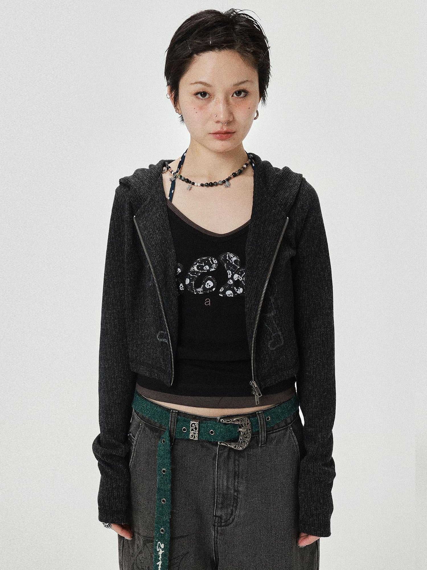 Achihara Brittany Becky Skull Embroidered Ribbed Tank Top