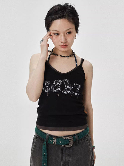 Achihara Brittany Becky Skull Embroidered Ribbed Tank Top