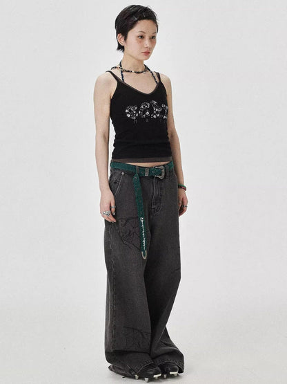 Achihara Brittany Becky Skull Embroidered Ribbed Tank Top